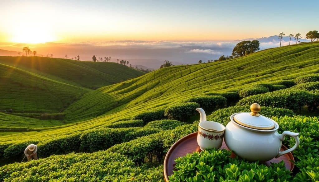 Lush tea fields at sunrise